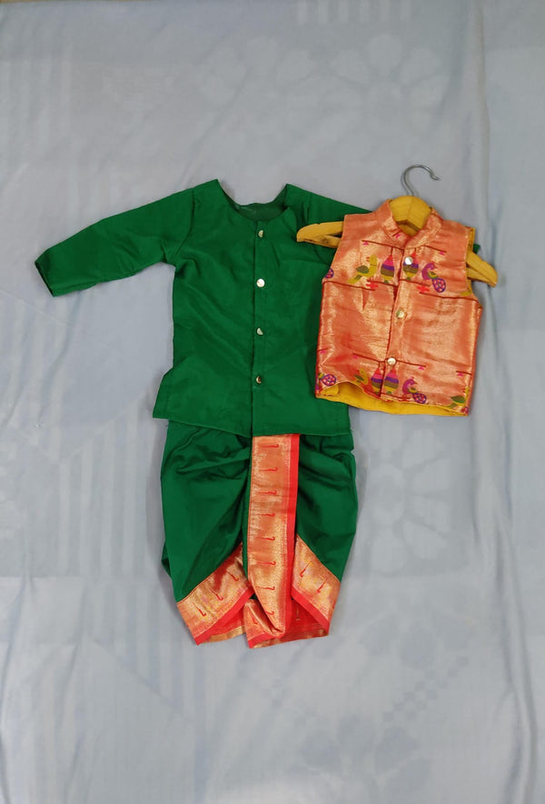 Boy's green premium Paithani with golden border dhoti kurta jacket