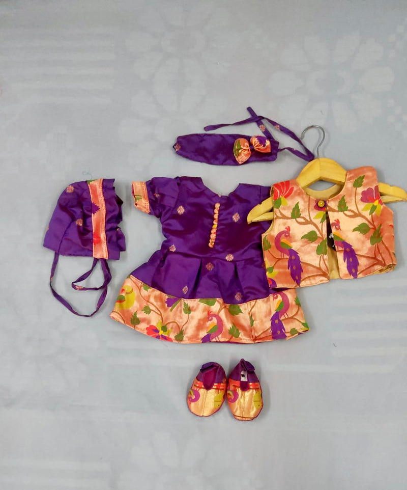 Baby set- premium purple with golden border paithani frock with jacket hairband and booties and Topra