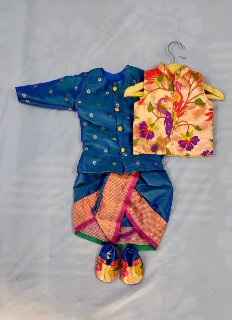 Baby boy set- premium turquoise paithani dhoti kurta and jacket set with booties