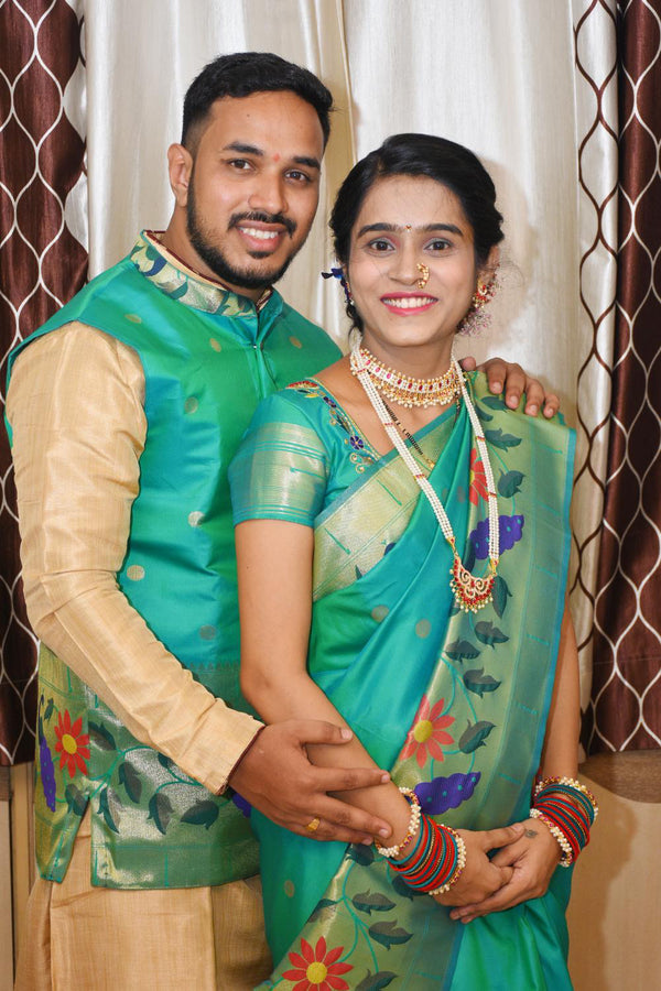 Couple twinning Men’s premium paithani jacket and peacock border premium paithani  saree - Mint Green