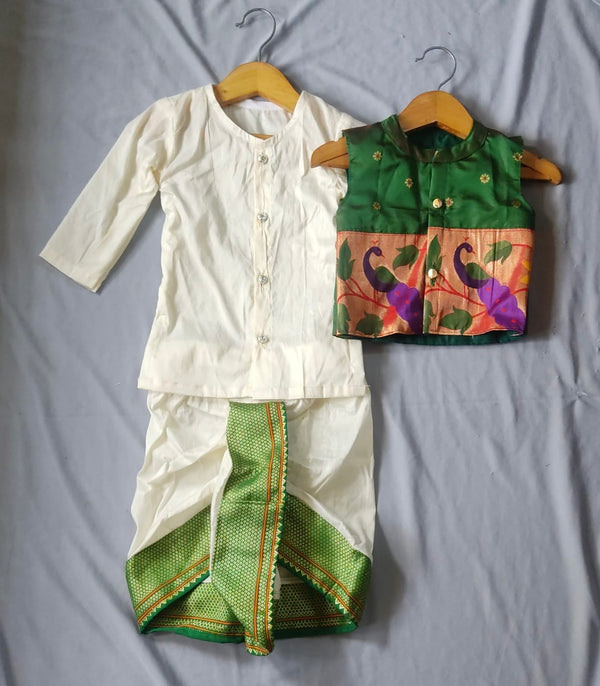 Boy's rich cotton silk cream dhoti kurta with golden border with premium paithani jacket color green