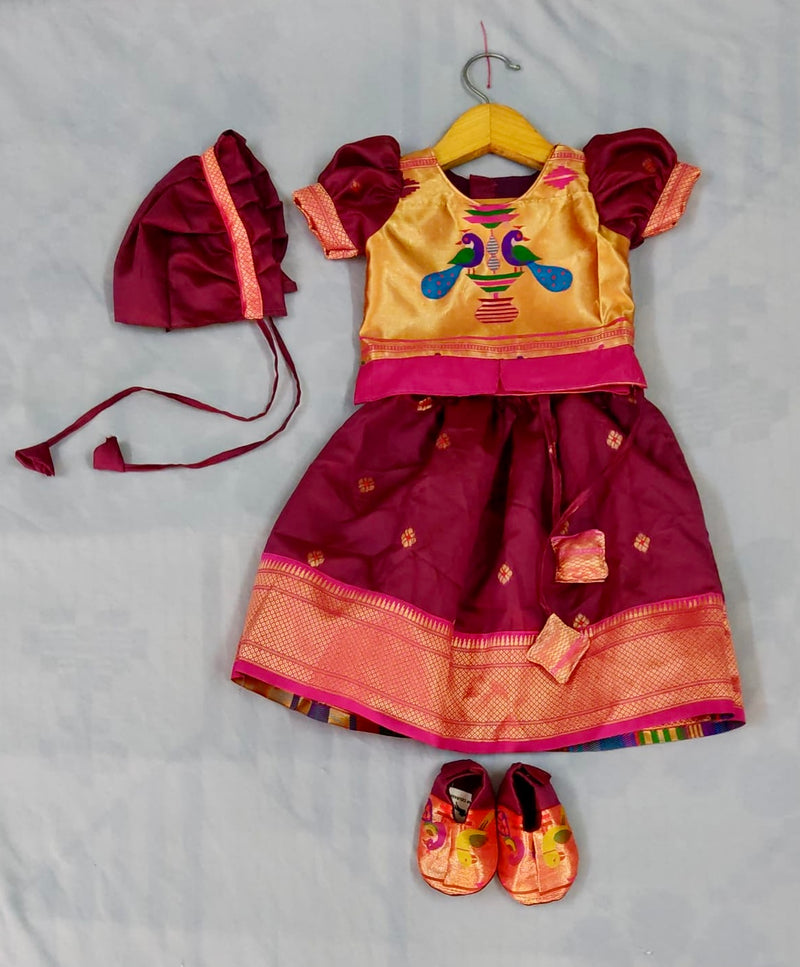 Baby set- wine paithani parkar polka with pink and golden border with puff sleeves polka with topra and booties