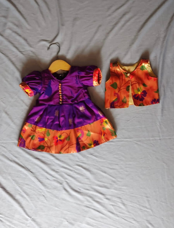 Girls premium purple paithani frock(balloon sleeve) with golden Jacket