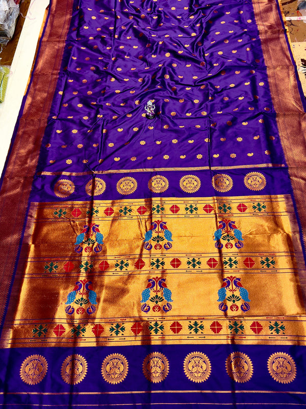 Premium Pure katan silk maharani paithani saree -color dark blue with golden border