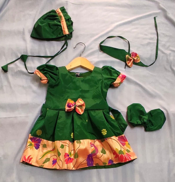 Baby set- premium green paithani frock withTopra,hairband and mittens