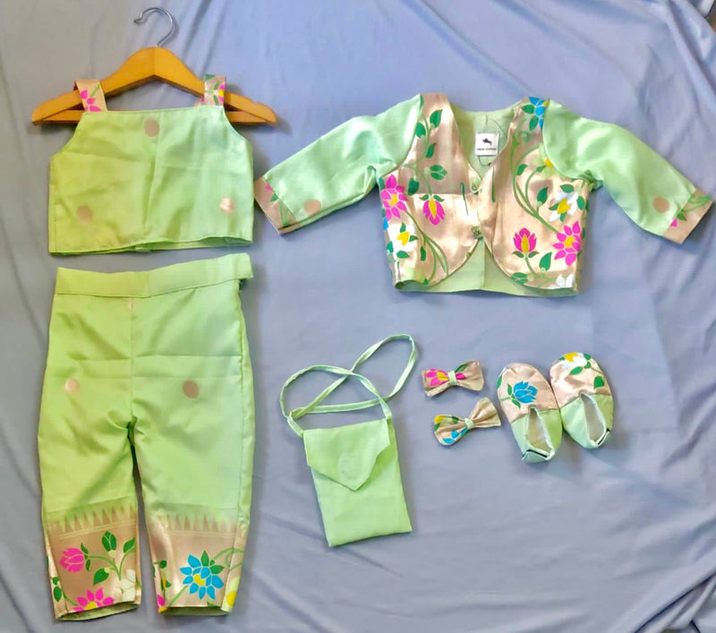 Baby set- mint green paithani co-ord set with long sleeves with jacket,bootie,sling bag and bow