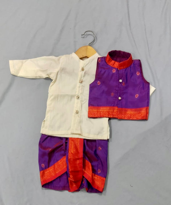 Boy's cream cotton silk kurta with purple premium paithani dhoti with jacket