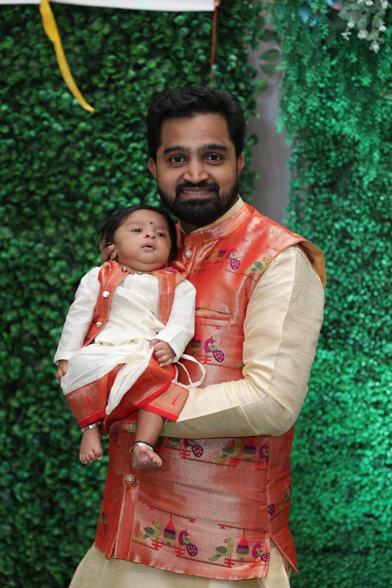 Boy's rich cotton silk (golden cream ) with golden border dhoti kurta with premium paithani jacket