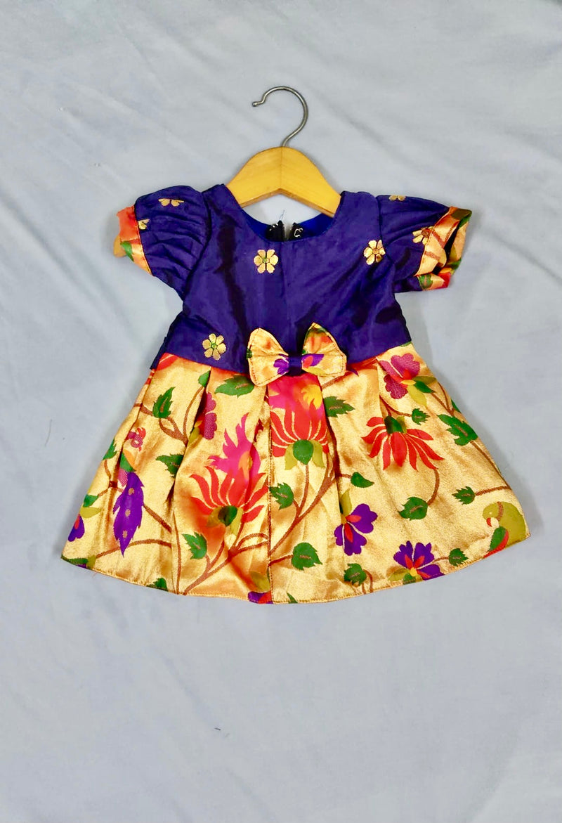 Girls premium blue paithani frock with golden Border and puff sleeves