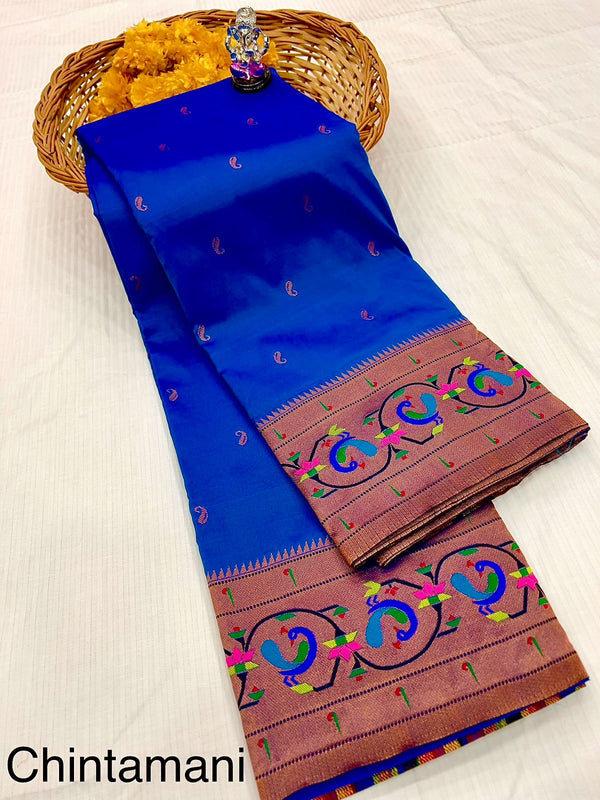 Premium banarsi katan silk paithani saree -color chintamani  with golden peacock border