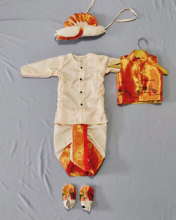 Baby boy set- rich cotton silk dhoti kurta with premium paithani jacket set with pheta and booties