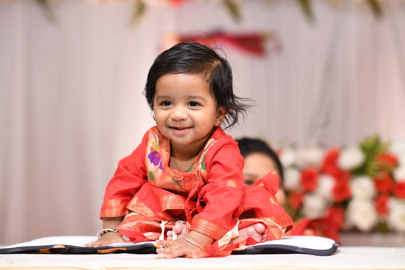 Baby boy set- premium red angarkha paithani dhoti kurta pant with kamarpatta set with pheta and booties