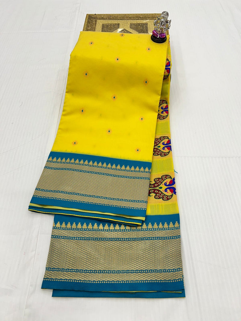 Premium Peacock pallu paithani saree -lemon yellow with blue border