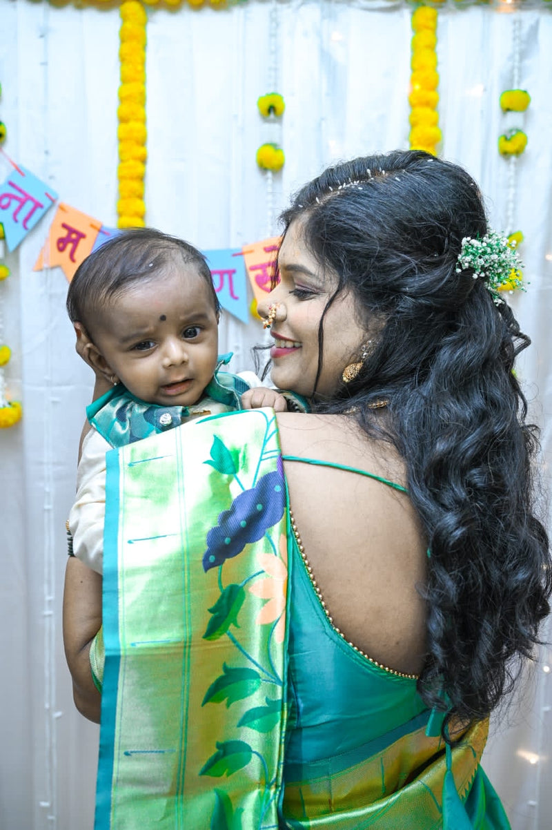 Premium paithani saree and Baby boy set- premium sea green dhoti kurta jacket