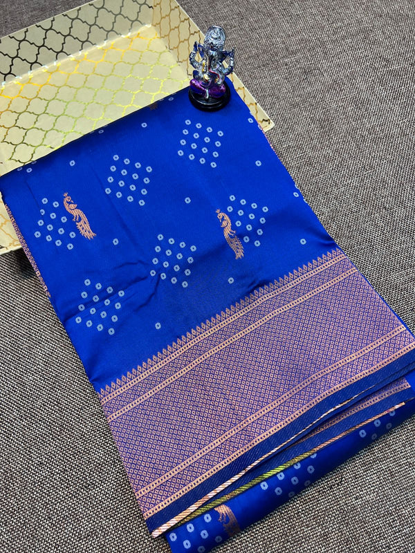 Premium bandhani soft silk paithani saree -color blue with golden borde