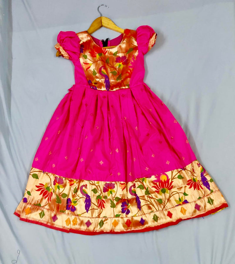 Girls premium pink paithani frock with golden Border and puff sleeves