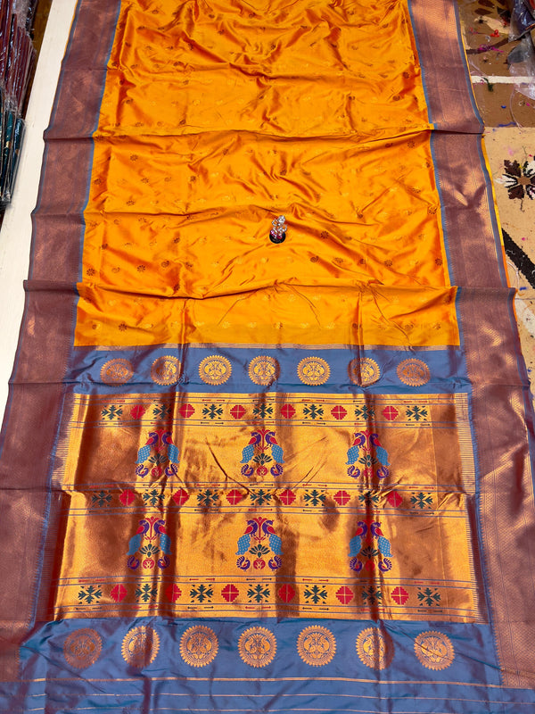 Premium Pure katan silk maharani paithani saree -color yellow with golden border