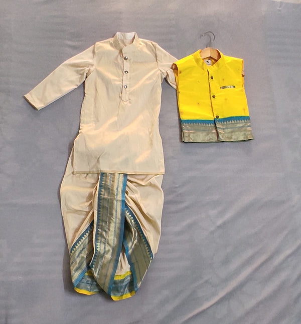 Boy's rich cotton silk dhoti kurta with premium paithani jacket - color lemon yellow with blue border