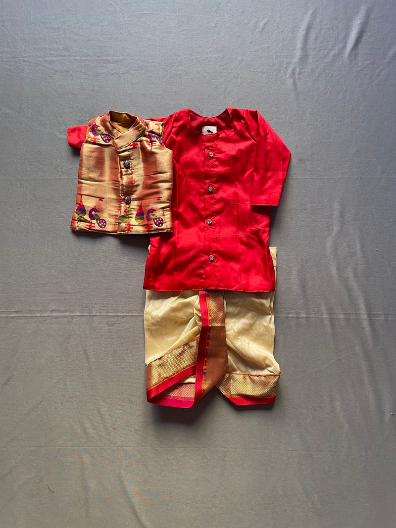 Boy's red premium Paithani cream dhoti with red border dhoti kurta with jacket