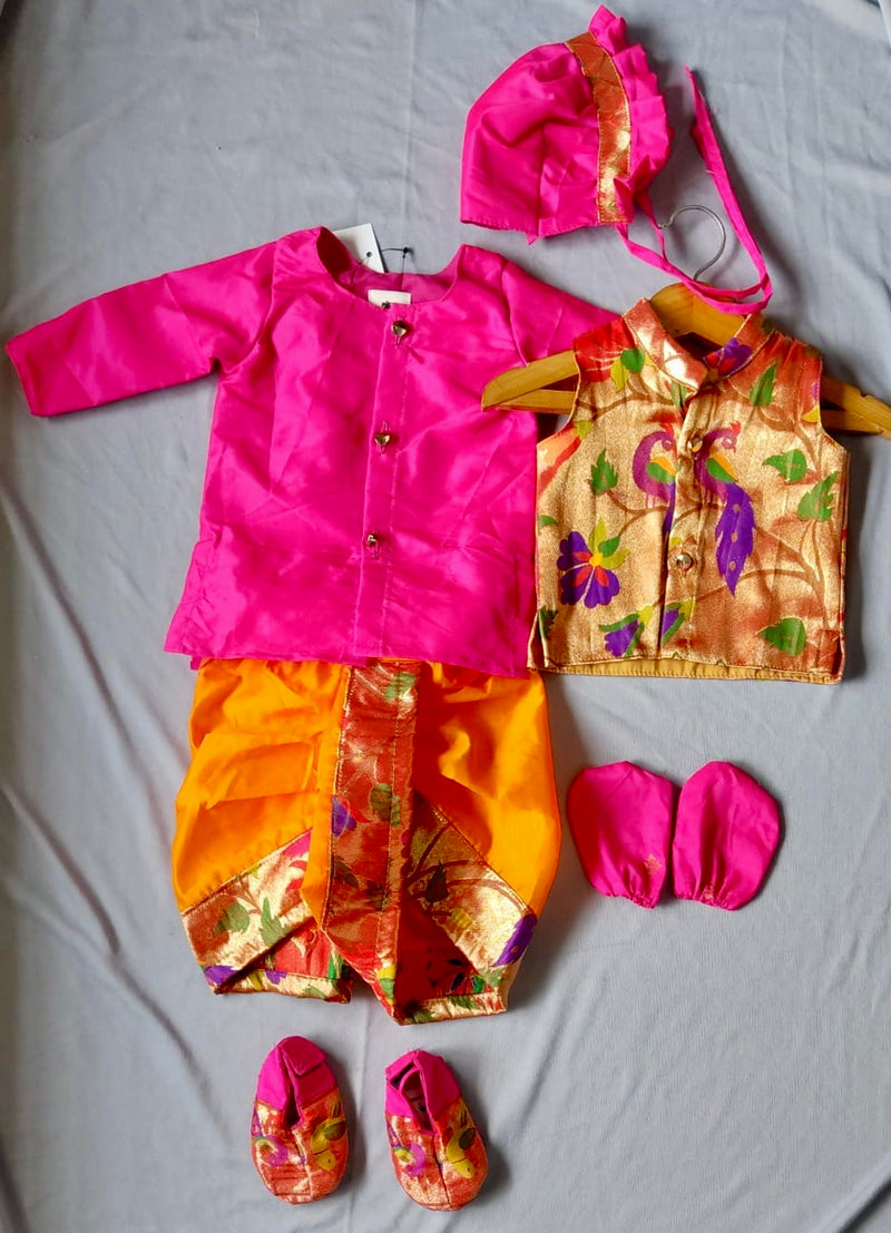 Baby boy set- premium pink paithani dhoti kurta jacket with Topra,booties and mittens