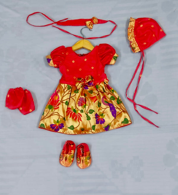 Baby set- premium red paithani frock with Topra booties and hairband mittens