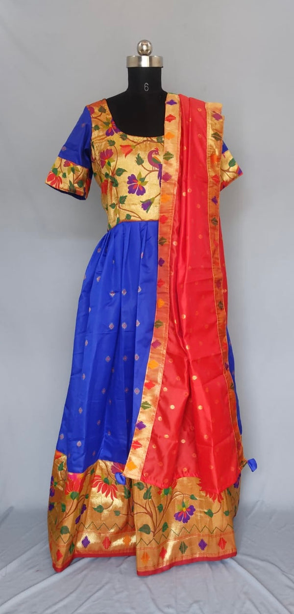 Women's premium blue Paithani Gown with golden border and dupatta