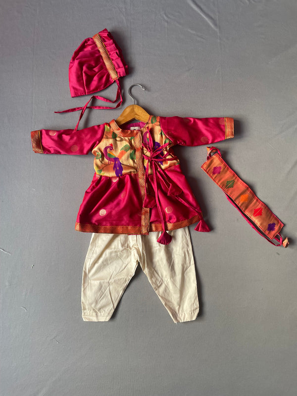Baby boy set- premium  maroon angarkha paithani kudta pant with kamarpatta set with topra.