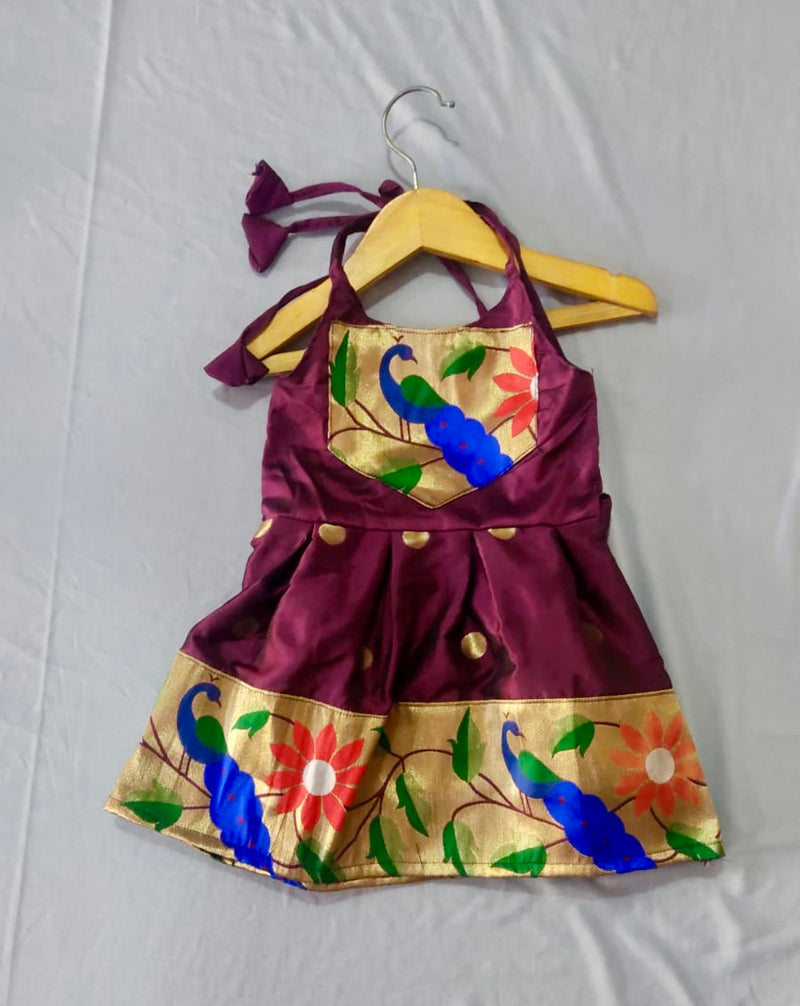 Girls premium wine peacock border paithani spaghetti frock