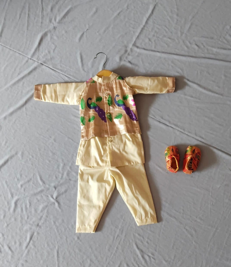 Baby boy set- premium paithani kurta pant with jacket (cream) with golden booties