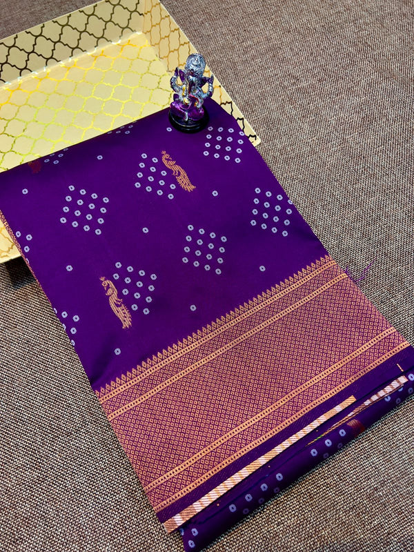 Premium bandhani soft silk paithani saree -color purple with golden bord