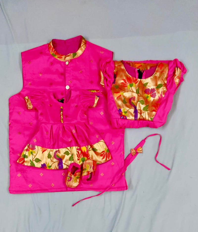 Premium paithani father daughter twinning outfits - color Rani Pink