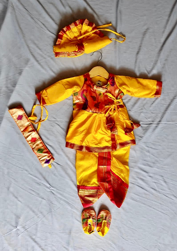 Baby boy set- premium yellow angarkha paithani dhoti kurta pant with kamarpatta set with pheta and booties