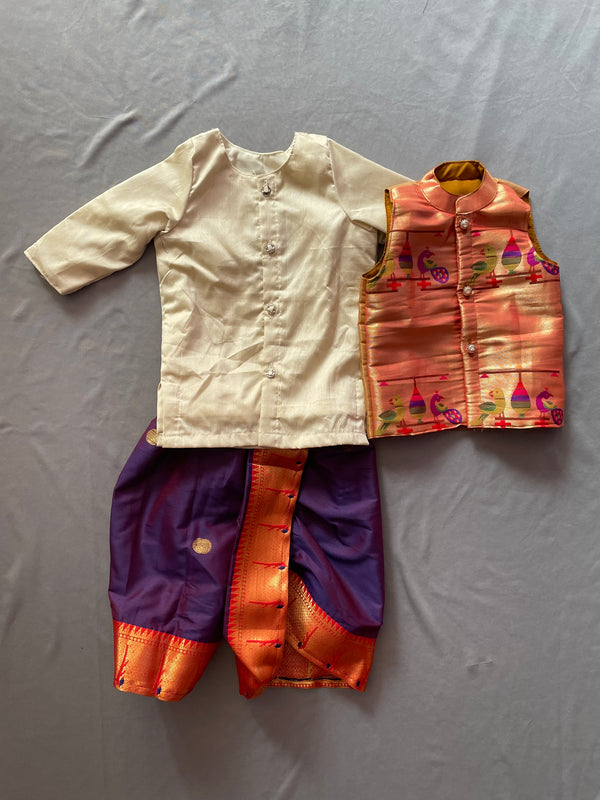 Boy's rich cotton silk cream kurta purple dhoti and premium paithani jacket