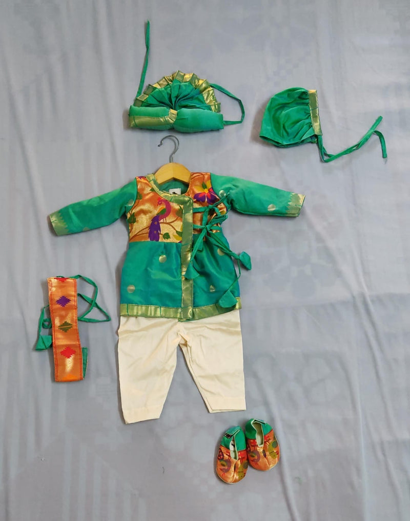 Baby boy set- premium sea green angarkha paithani dhoti kurta pant with kamarpatta set with pheta topra and booties