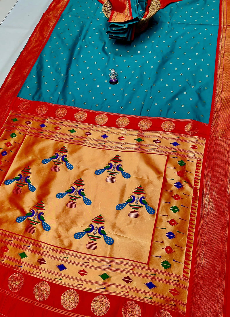 Premium traditional pallu paithani - color turquoise blue with red border