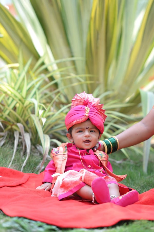 Baby boy set- premium pink paithani kurta with cream dhoti and jacket set with pheta and booties