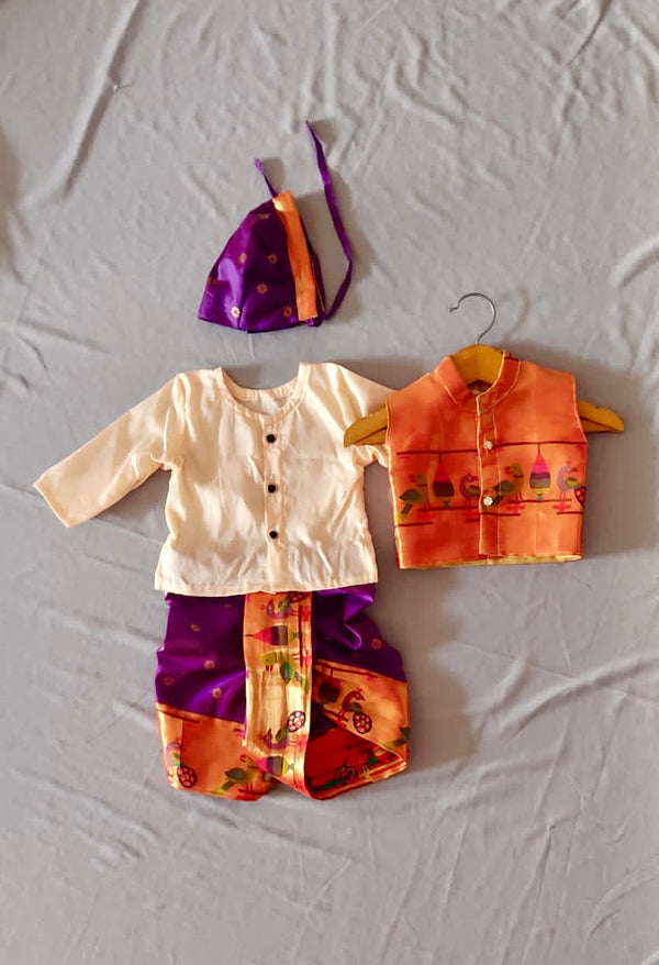 Baby boy set- Rich cotton silk dhoti kurta with premium paithani jacket set with topra- cream and purple