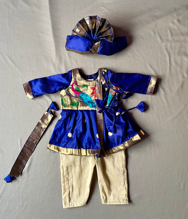Baby boy set- premium  blue angarkha paithani kudta pant with kamarpatta set with pheta.