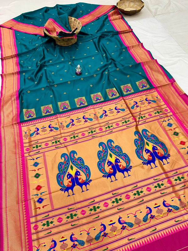 Premium Peacock pallu paithani saree - color turquoise blue with pink border