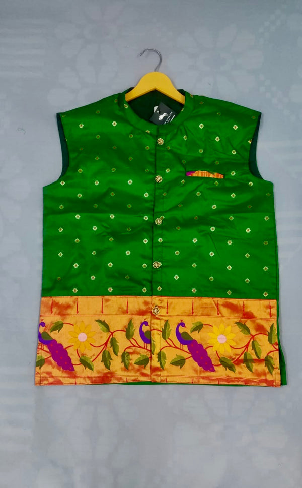 Men’s premium paithani jacket with peacock border - Green