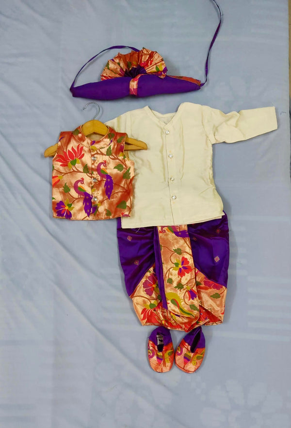 Baby boy set- premium paithani dhoti with cream kurta jacket with pheta and booties