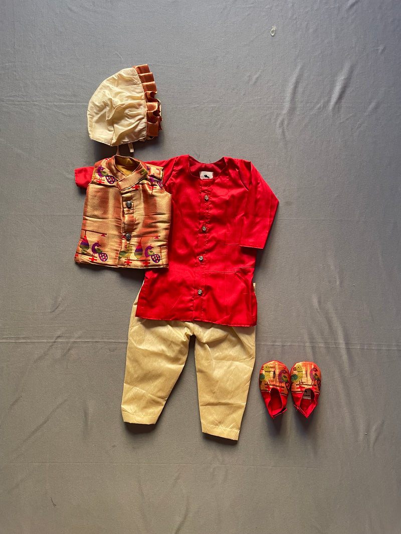 Baby boy set- premium paithani kurta pant with jacket (red) with red booties