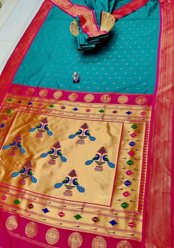 Premium traditional pallu paithani - color turquoise blue with pink border