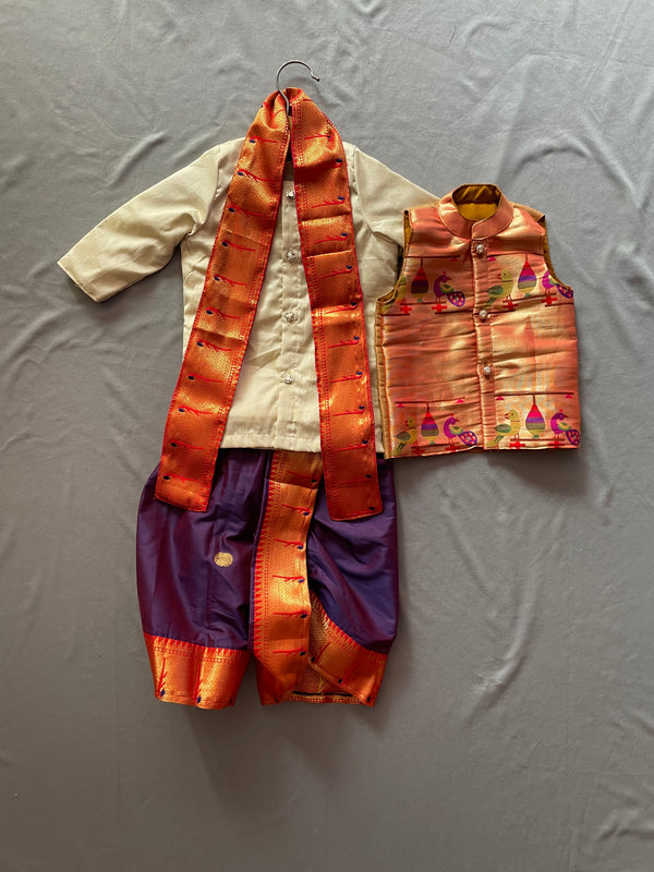 Baby boy set- premium cream paithani kurta with purple dhoti and jacket set with uparna
