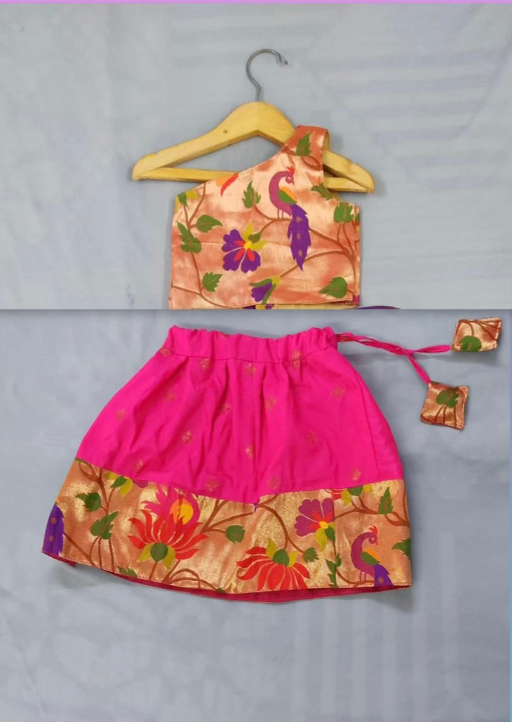 Girls premium pink paithani Skirt with peacock Border and paithani blouse