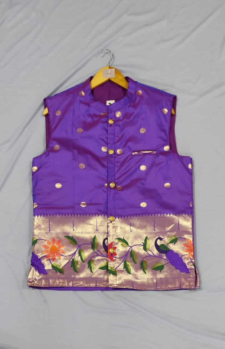 Men’s premium paithani jacket with peacock border - purple