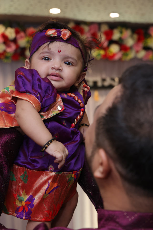 Baby set- premium purple with orange paithani frock with topra and booties