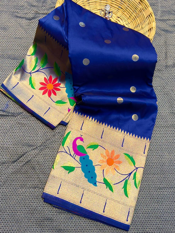 Premium Blue paithani saree with peacock border