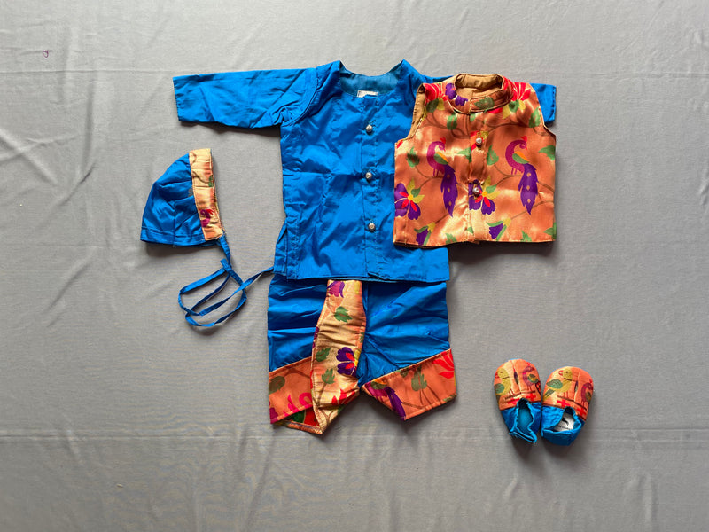 Baby boy set- premium blue paithani dhoti kurta jacket with Topra and booties