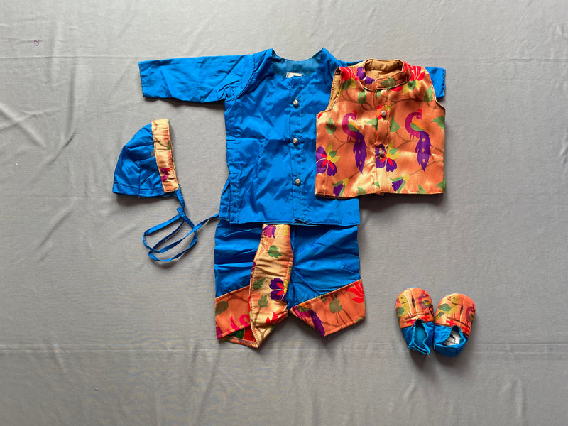 Baby boy set premium blue paithani dhoti kurta jacket with Topra and WEAR COURAGE